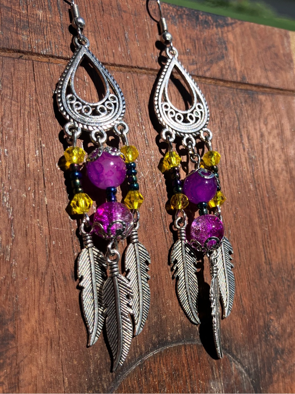 Purple, yellow dream catcher dangle earrings wit silver hardware an glass beads